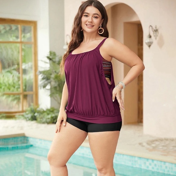 BloomChic Bandana Patchwork Contrast Gathered Cut Out Tankini Top - Picture 4 of 5